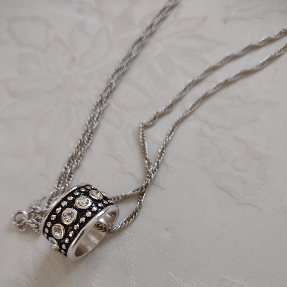 Trifari roller pendant Charm crystals silver tone long necklace round ring